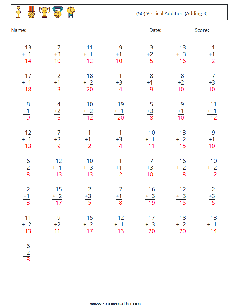 (50) Vertical  Addition (Adding 3) Math Worksheets 5 Question, Answer