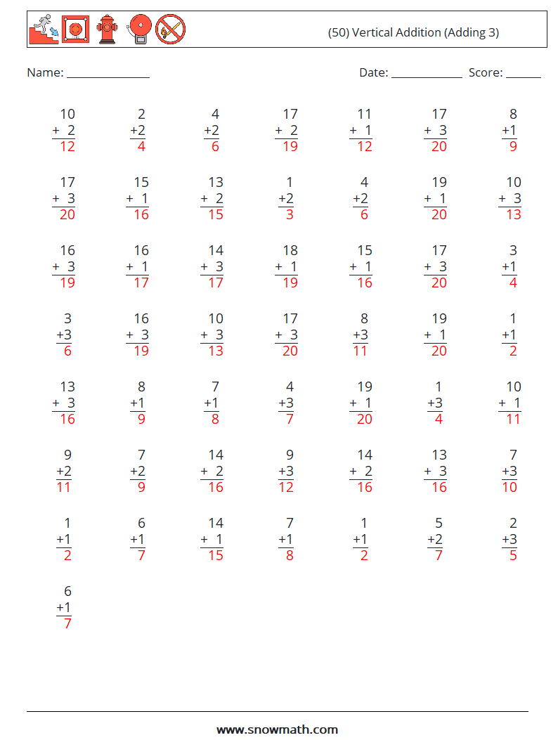 (50) Vertical  Addition (Adding 3) Math Worksheets 6 Question, Answer