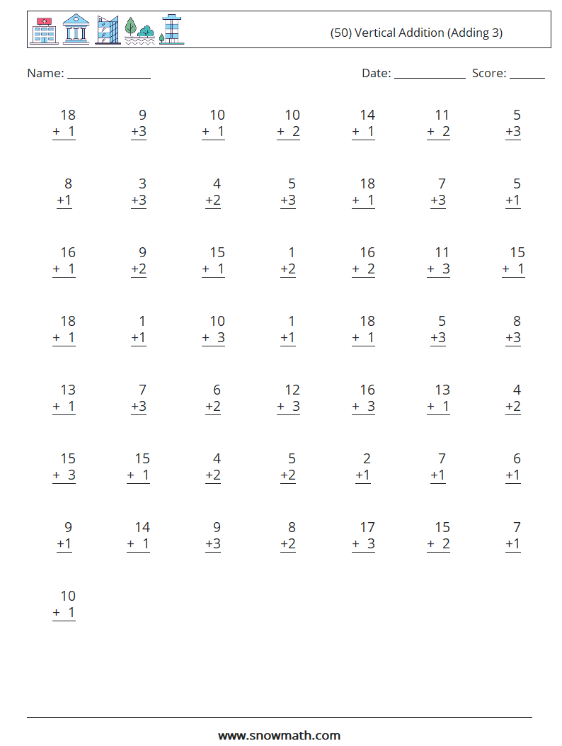 (50) Vertical  Addition (Adding 3) Math Worksheets 7