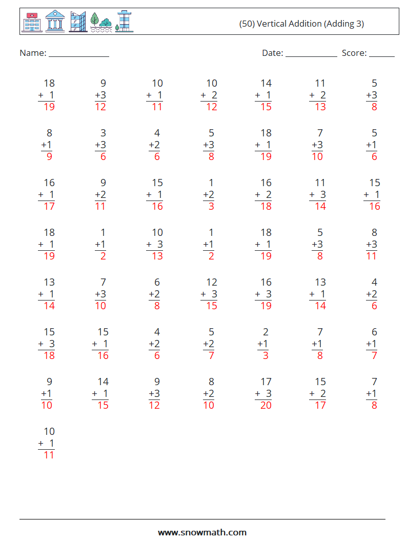 (50) Vertical  Addition (Adding 3) Math Worksheets 7 Question, Answer