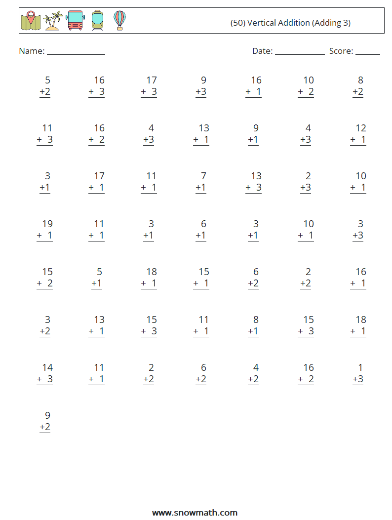 (50) Vertical  Addition (Adding 3) Math Worksheets 8