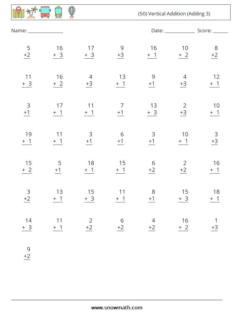 (50) Vertical  Addition (Adding 3) Maths Worksheets 8