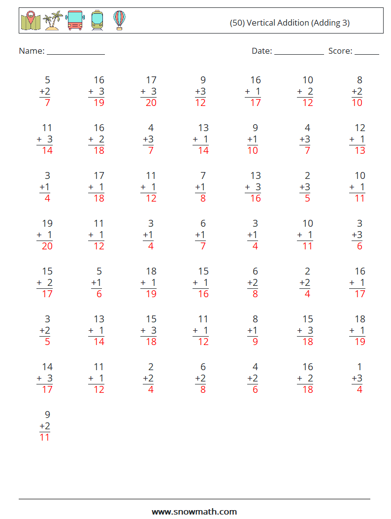 (50) Vertical  Addition (Adding 3) Math Worksheets 8 Question, Answer