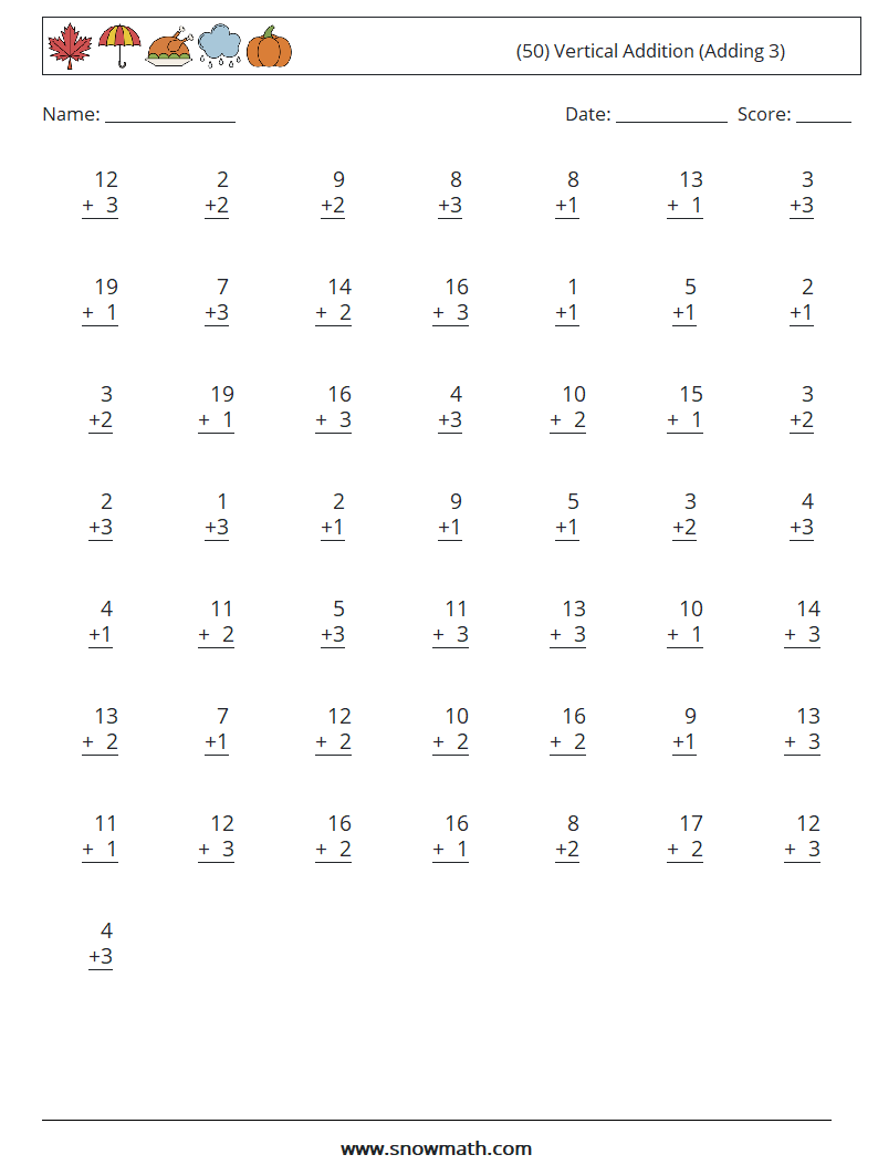 (50) Vertical  Addition (Adding 3) Math Worksheets 9