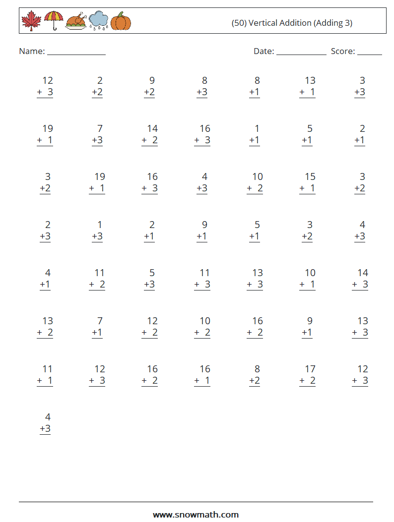 (50) Vertical  Addition (Adding 3) Maths Worksheets 9