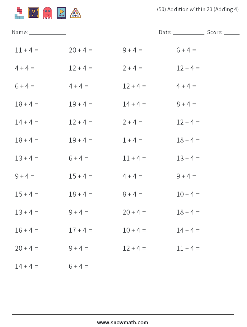 (50) Addition within 20 (Adding 4) Maths Worksheets 1