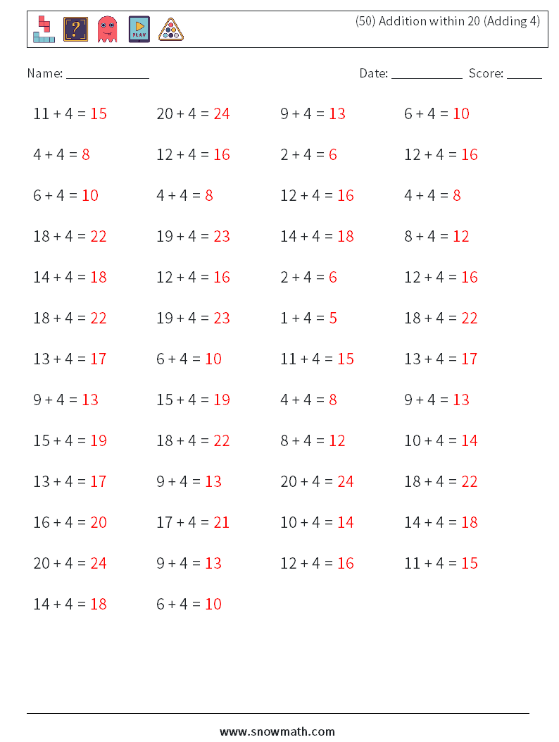 (50) Addition within 20 (Adding 4) Math Worksheets 1 Question, Answer