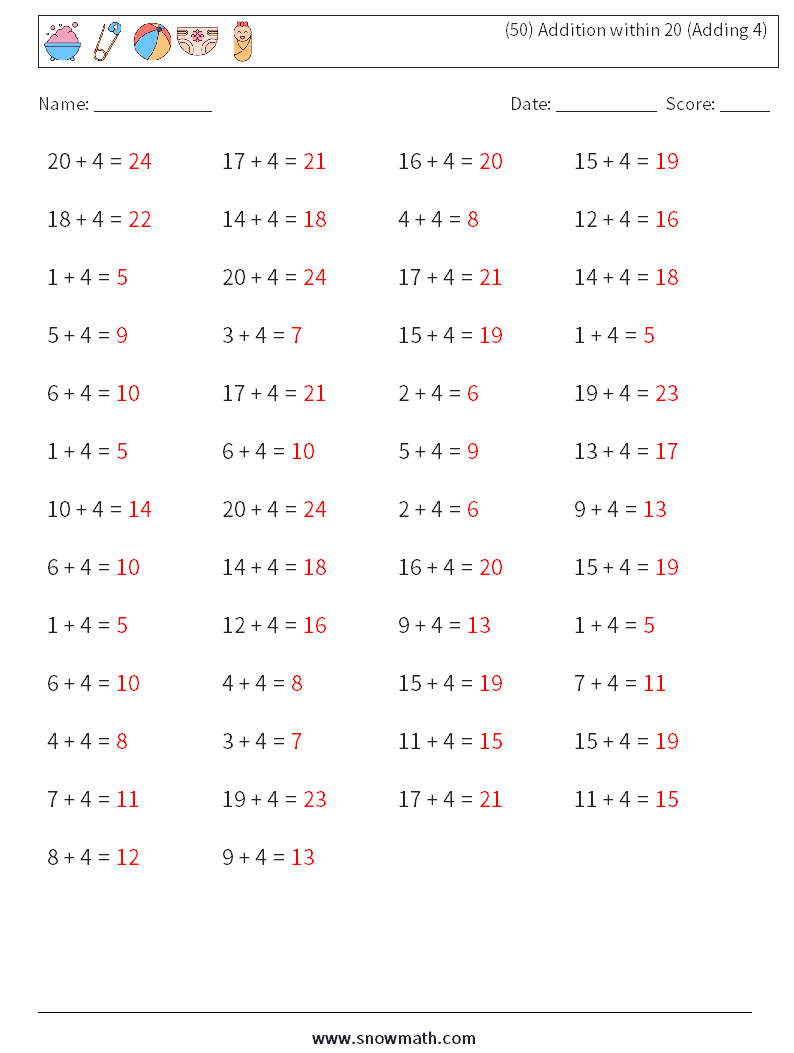 (50) Addition within 20 (Adding 4) Math Worksheets 2 Question, Answer