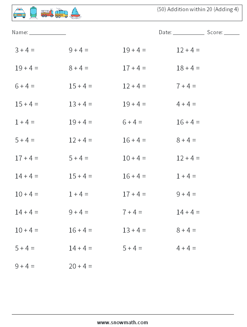 (50) Addition within 20 (Adding 4) Math Worksheets 3