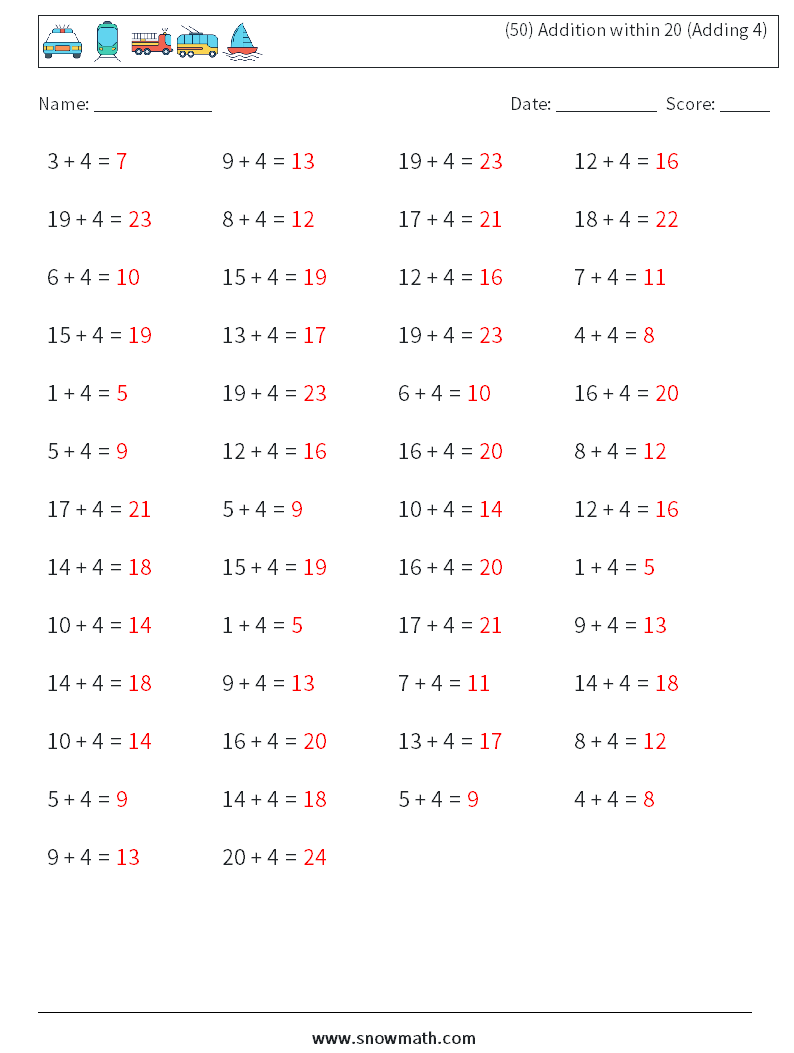 (50) Addition within 20 (Adding 4) Math Worksheets 3 Question, Answer
