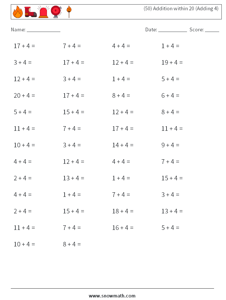 (50) Addition within 20 (Adding 4) Math Worksheets 4