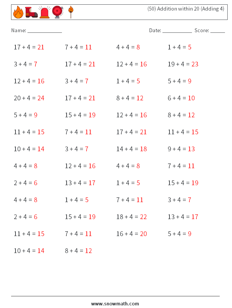 (50) Addition within 20 (Adding 4) Math Worksheets 4 Question, Answer
