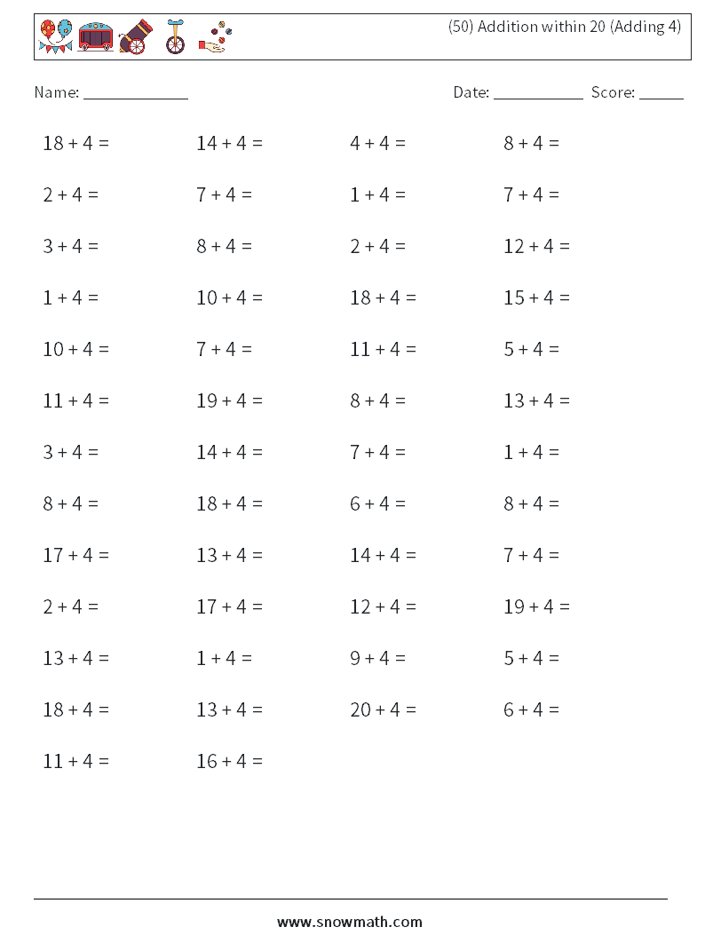 (50) Addition within 20 (Adding 4) Math Worksheets 5