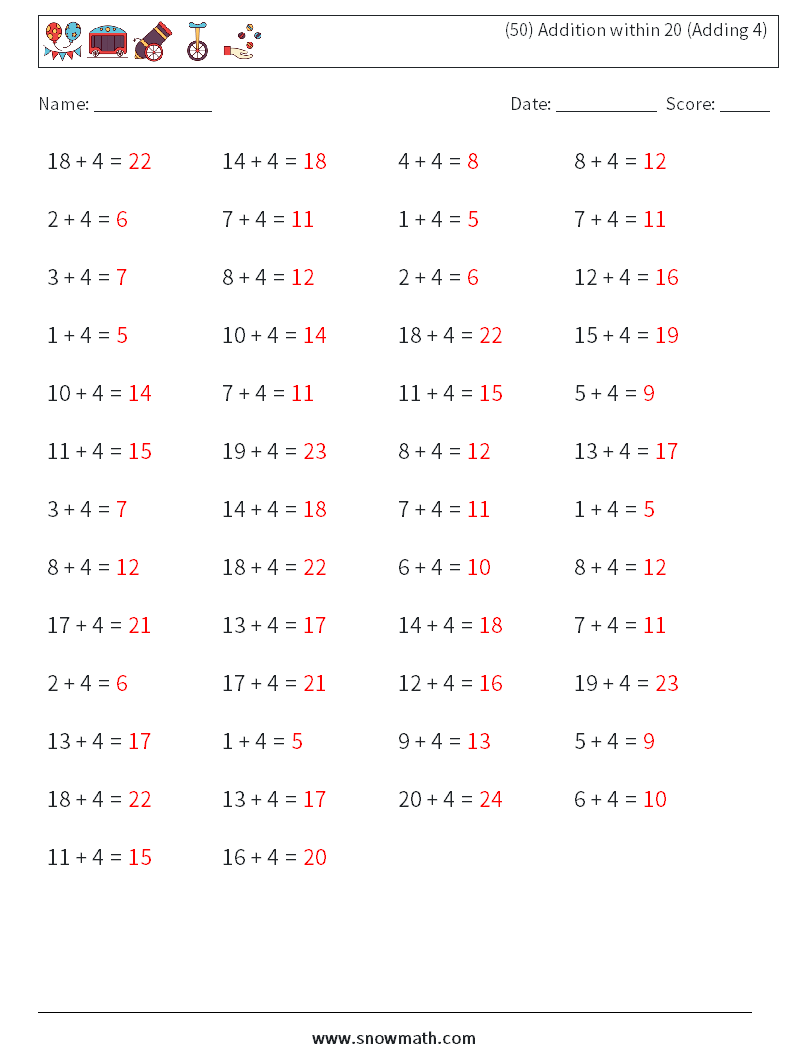 (50) Addition within 20 (Adding 4) Math Worksheets 5 Question, Answer