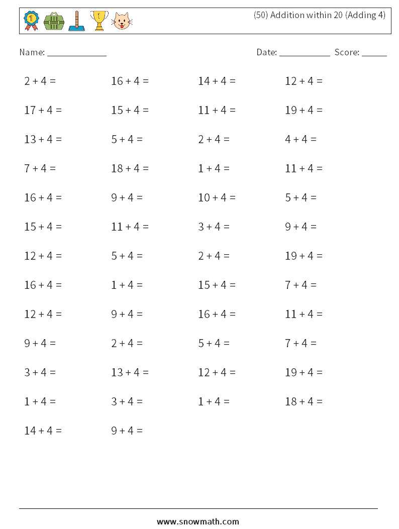 (50) Addition within 20 (Adding 4) Math Worksheets 6