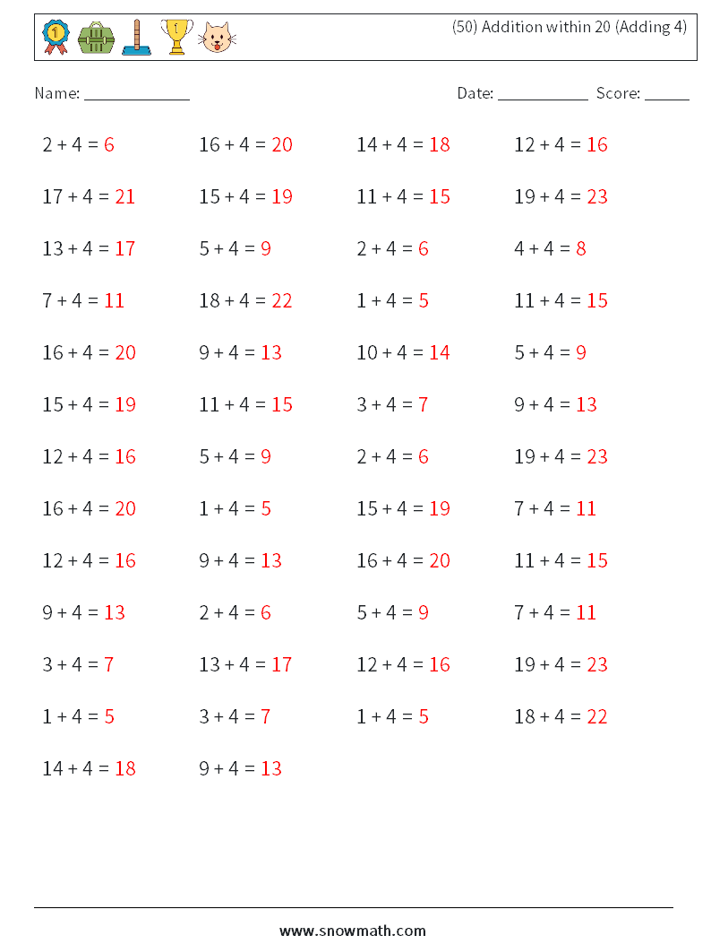 (50) Addition within 20 (Adding 4) Math Worksheets 6 Question, Answer