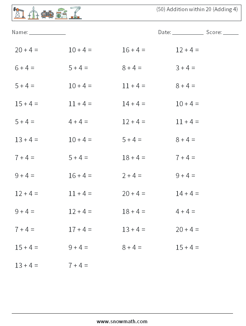 (50) Addition within 20 (Adding 4) Math Worksheets 7
