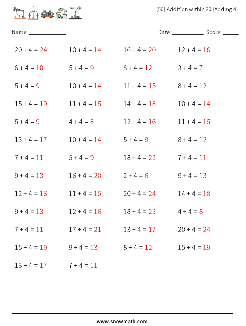 (50) Addition within 20 (Adding 4) Math Worksheets 7 Question, Answer
