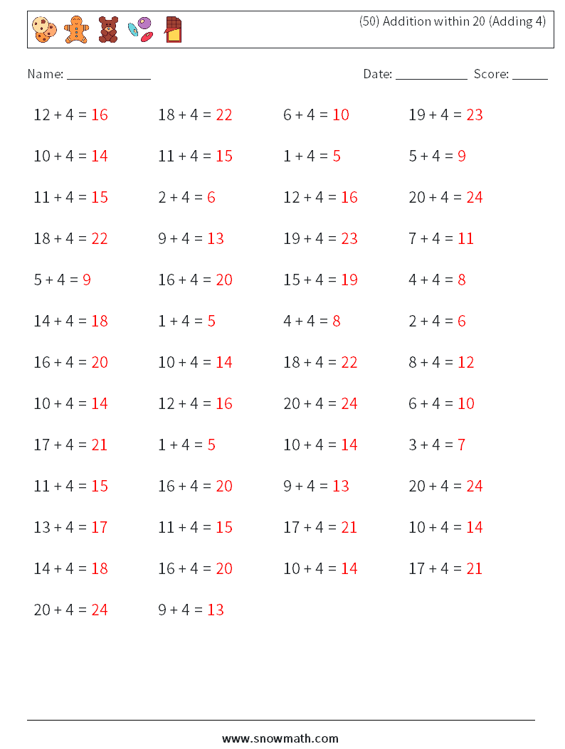 (50) Addition within 20 (Adding 4) Math Worksheets 8 Question, Answer
