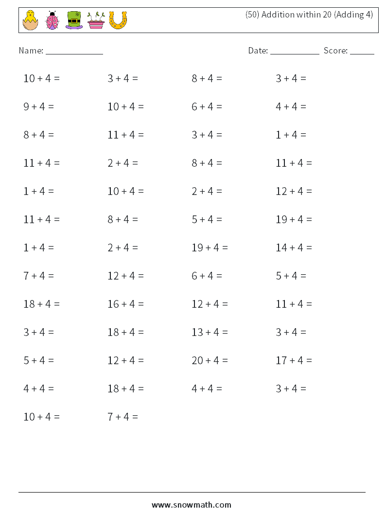 (50) Addition within 20 (Adding 4) Maths Worksheets 9