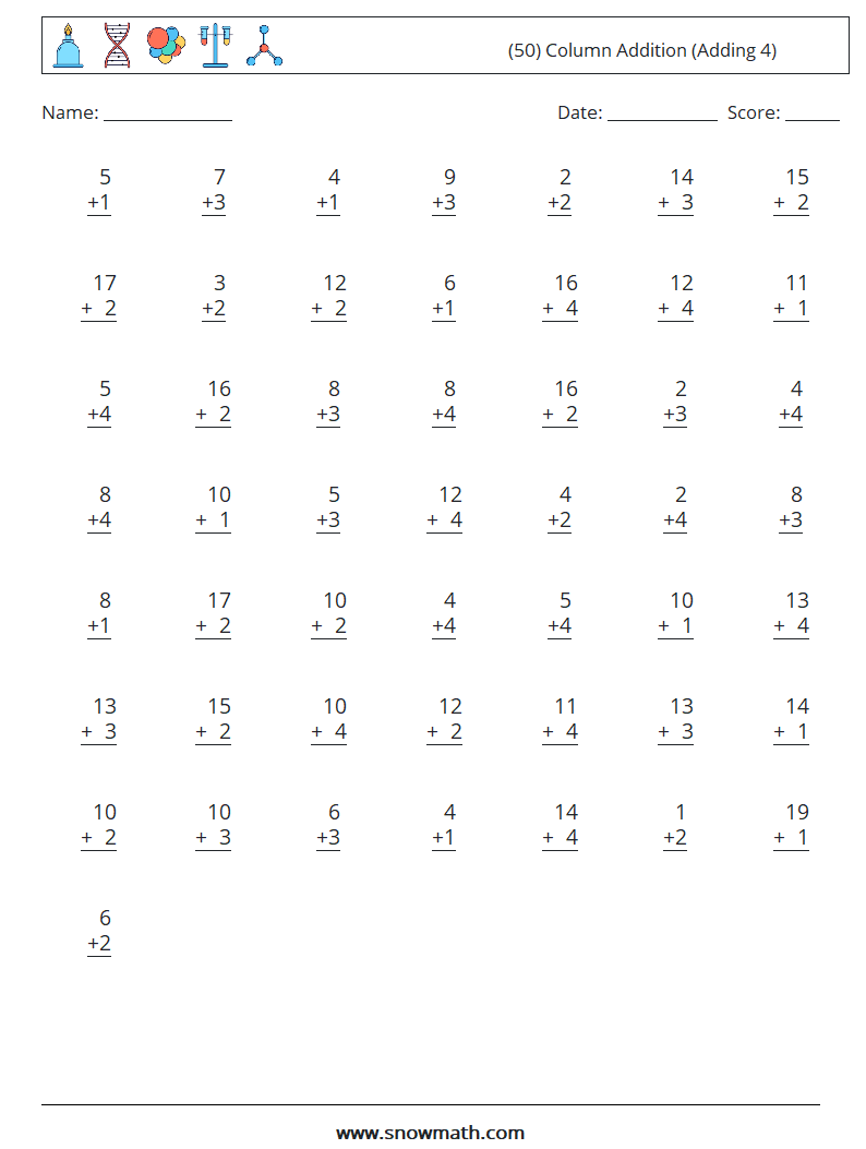 (50) Column Addition (Adding 4) Maths Worksheets 11