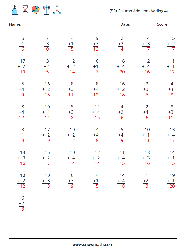 (50) Column Addition (Adding 4) Math Worksheets 11 Question, Answer