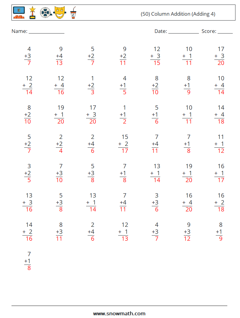 (50) Column Addition (Adding 4) Math Worksheets 12 Question, Answer