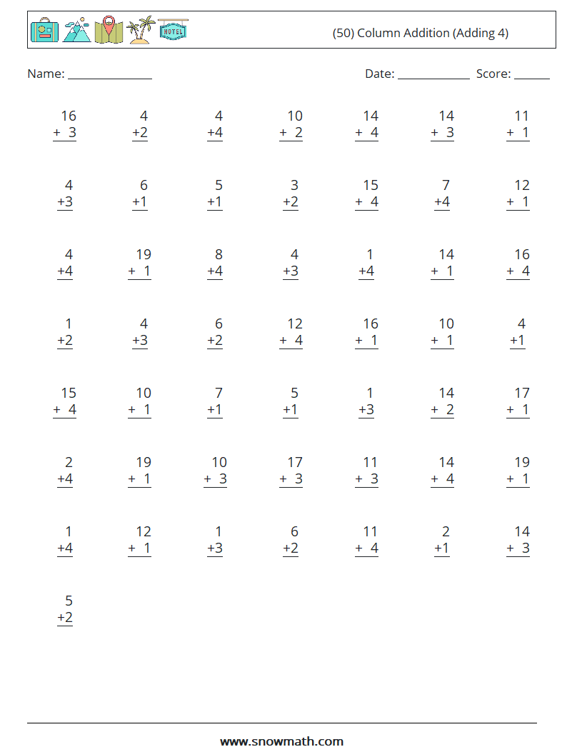 (50) Column Addition (Adding 4) Maths Worksheets 13