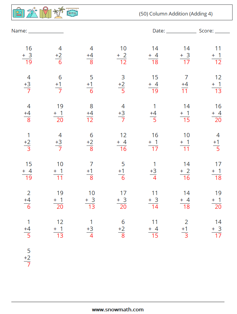 (50) Column Addition (Adding 4) Math Worksheets 13 Question, Answer