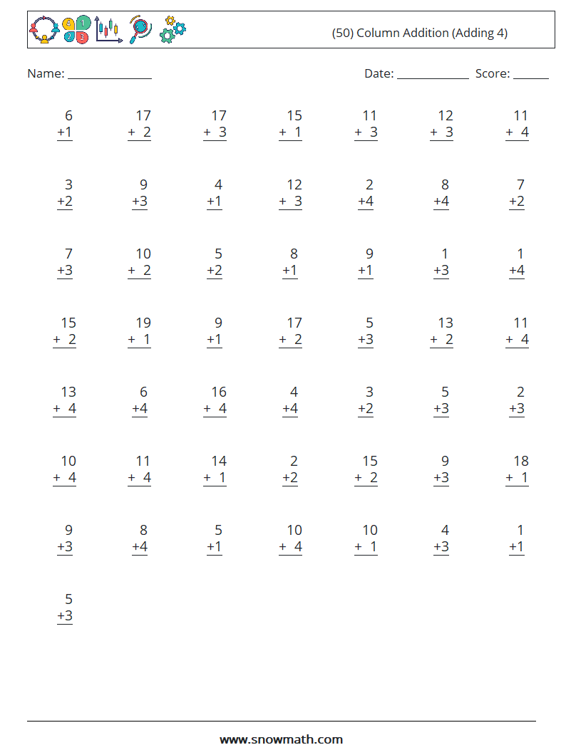 (50) Column Addition (Adding 4) Math Worksheets 15