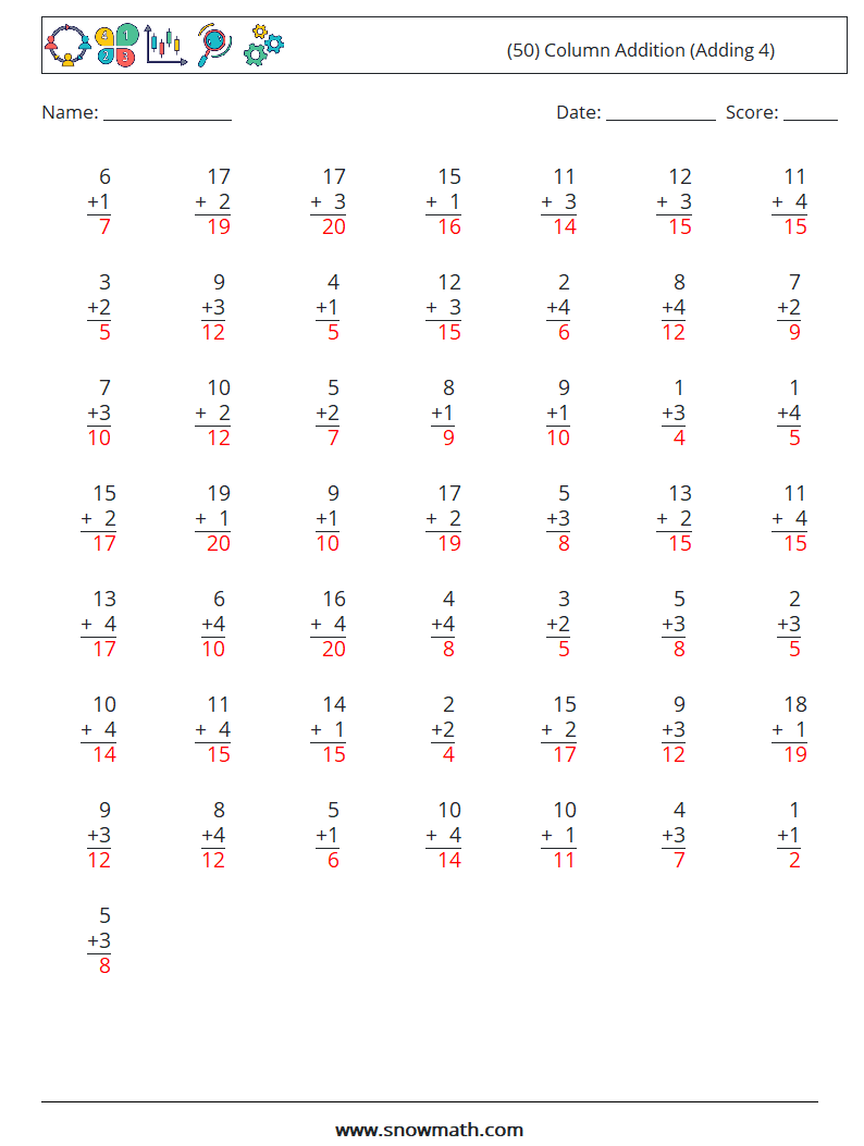 (50) Column Addition (Adding 4) Math Worksheets 15 Question, Answer