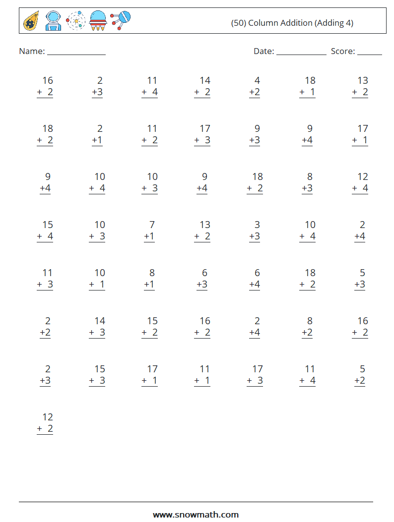 (50) Column Addition (Adding 4) Math Worksheets 16