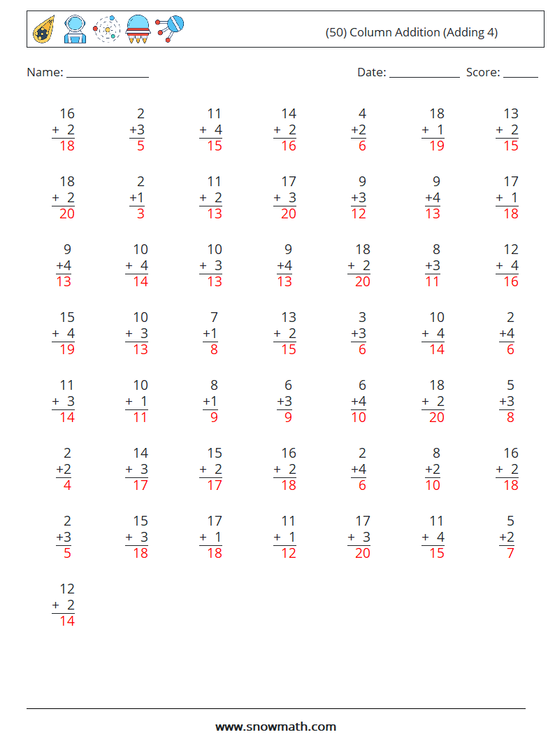 (50) Column Addition (Adding 4) Math Worksheets 16 Question, Answer