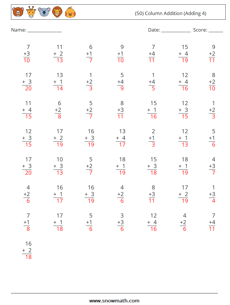 (50) Column Addition (Adding 4) Math Worksheets 18 Question, Answer