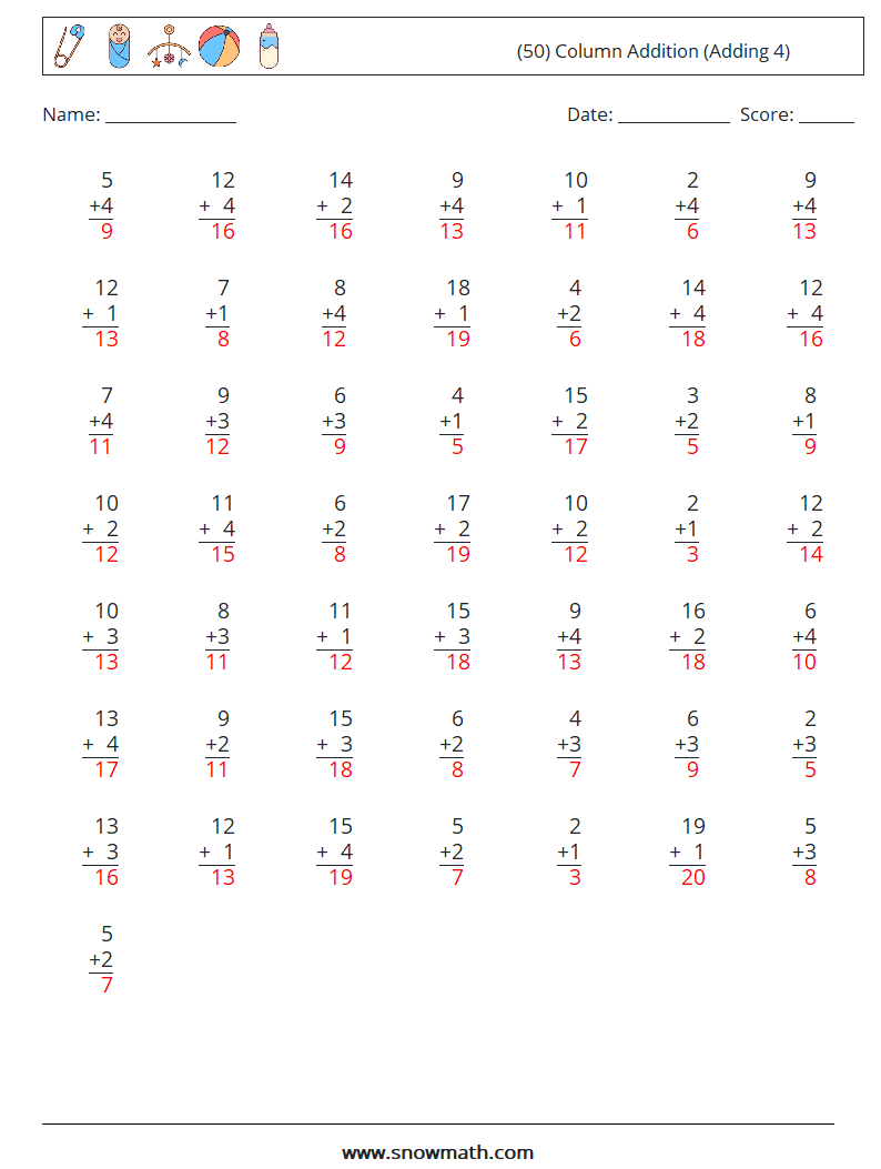 (50) Column Addition (Adding 4) Math Worksheets 1 Question, Answer