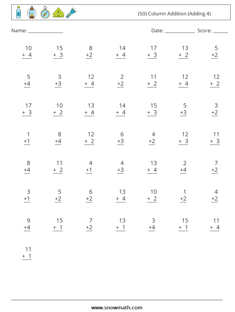 (50) Column Addition (Adding 4) Maths Worksheets 3
