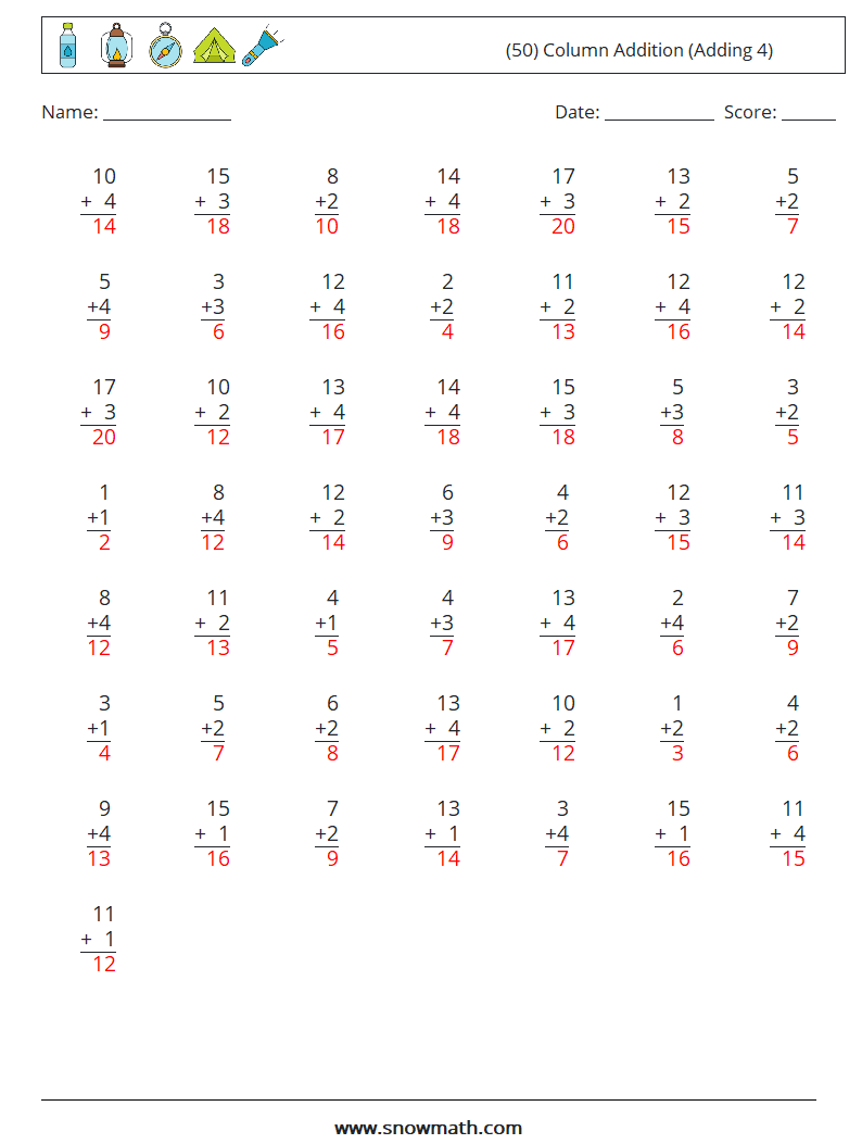 (50) Column Addition (Adding 4) Math Worksheets 3 Question, Answer