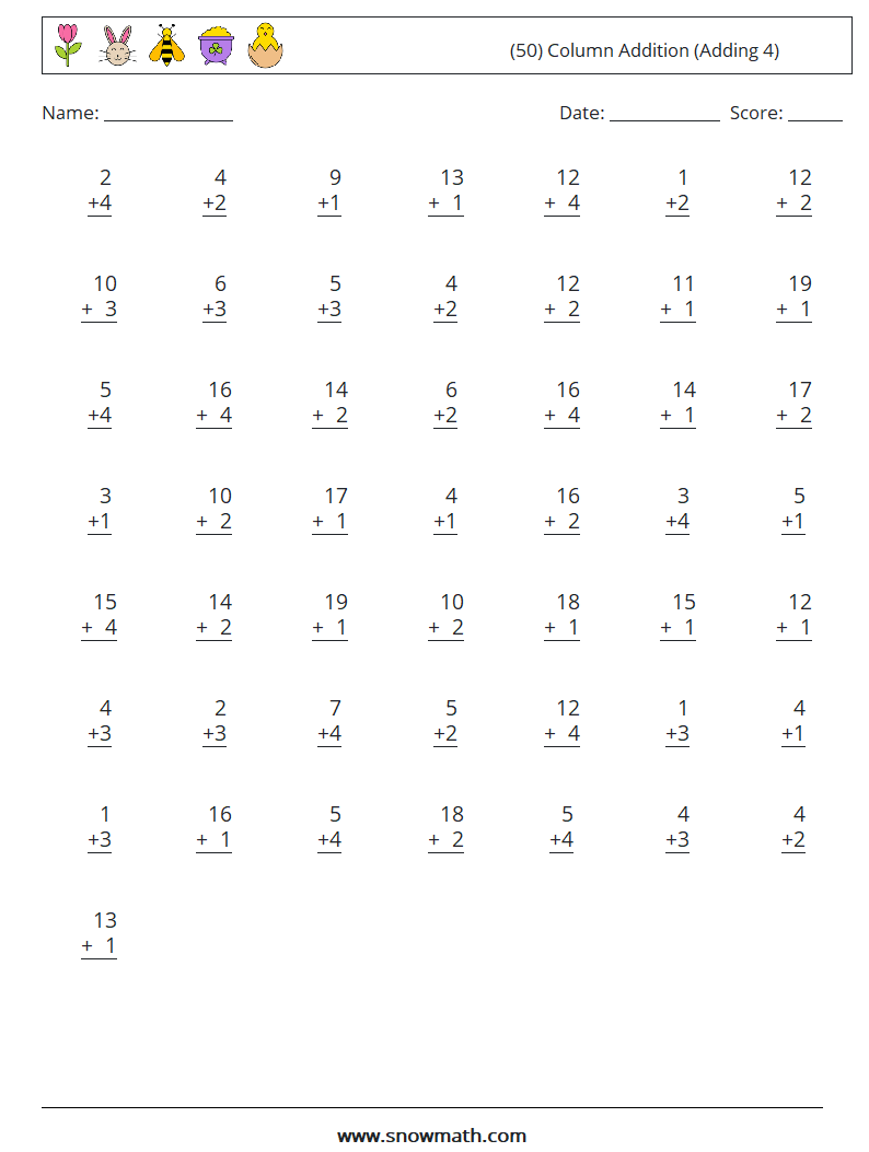 (50) Column Addition (Adding 4) Maths Worksheets 5