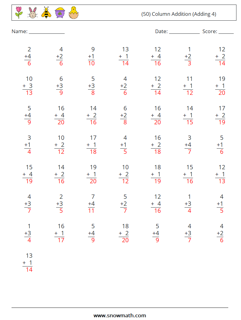 (50) Column Addition (Adding 4) Math Worksheets 5 Question, Answer