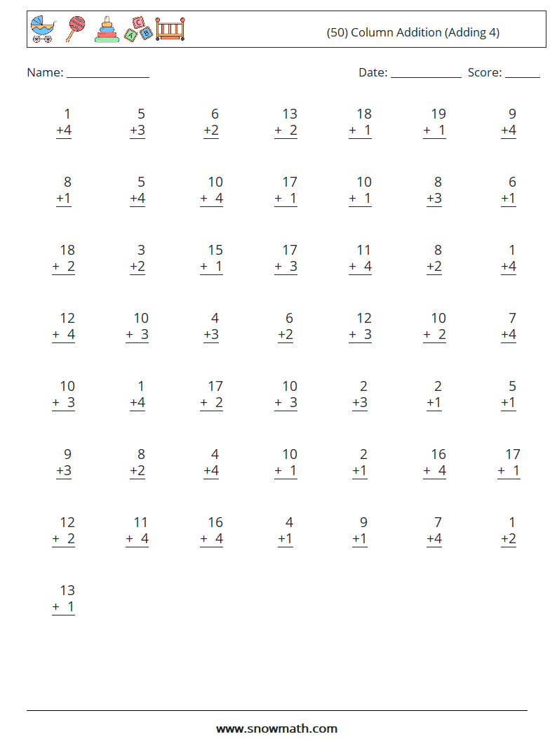 (50) Column Addition (Adding 4) Math Worksheets 6