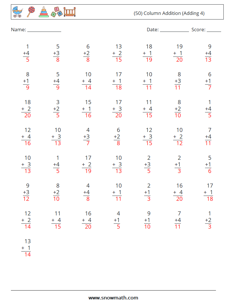 (50) Column Addition (Adding 4) Math Worksheets 6 Question, Answer