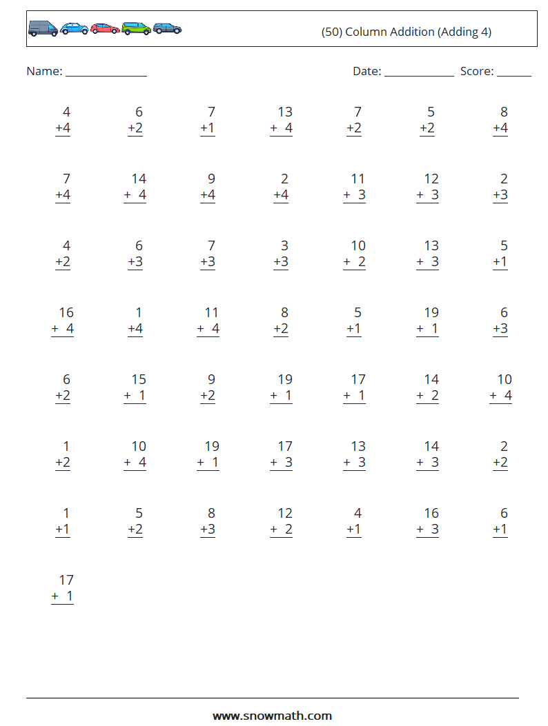 (50) Column Addition (Adding 4) Math Worksheets 7
