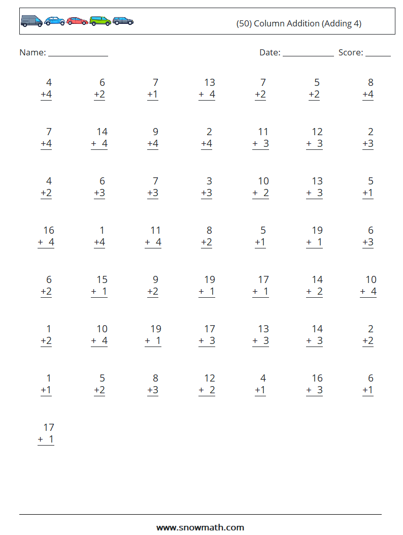 (50) Column Addition (Adding 4) Maths Worksheets 7