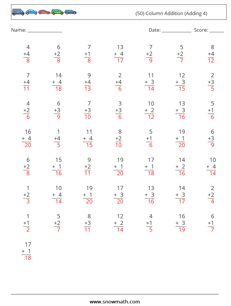 (50) Column Addition (Adding 4) Math Worksheets 7 Question, Answer