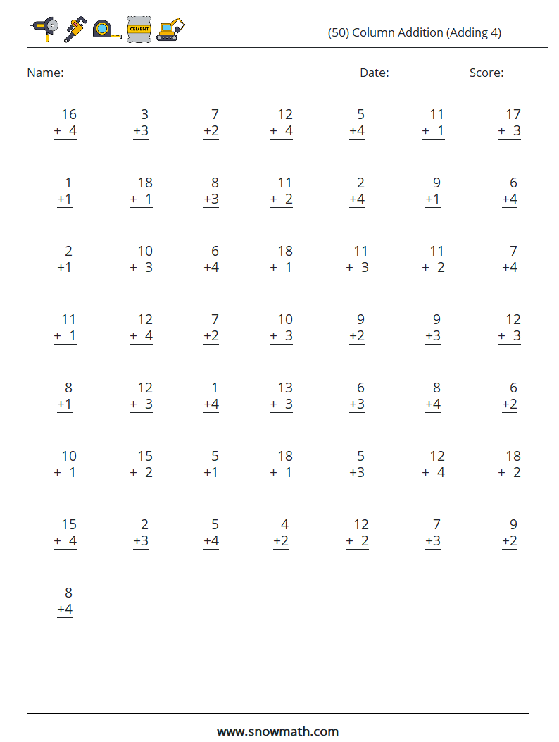 (50) Column Addition (Adding 4) Maths Worksheets 8