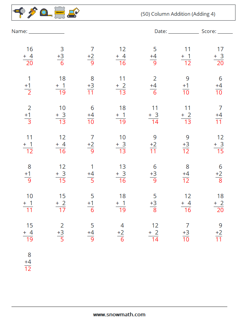 (50) Column Addition (Adding 4) Math Worksheets 8 Question, Answer