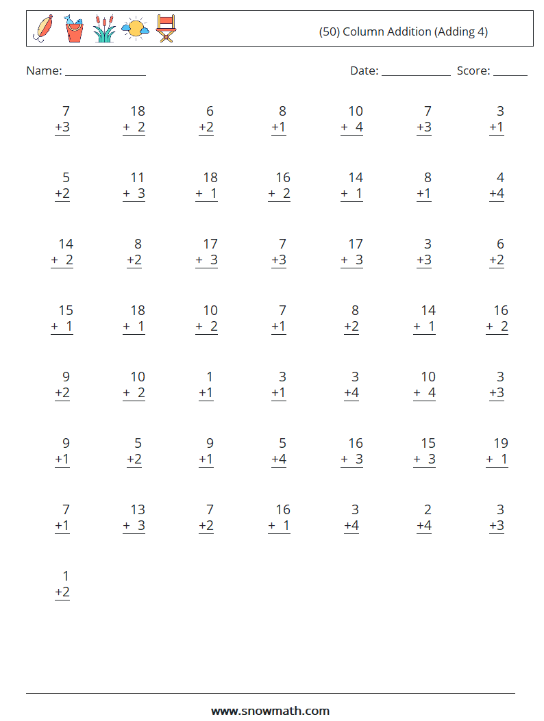 (50) Column Addition (Adding 4) Maths Worksheets 9