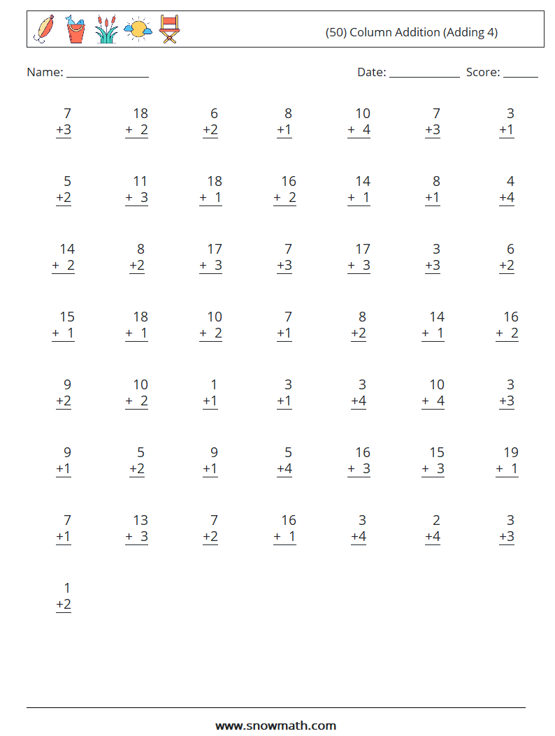 (50) Column Addition (Adding 4) Math Worksheets 9