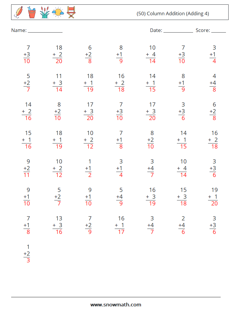 (50) Column Addition (Adding 4) Math Worksheets 9 Question, Answer