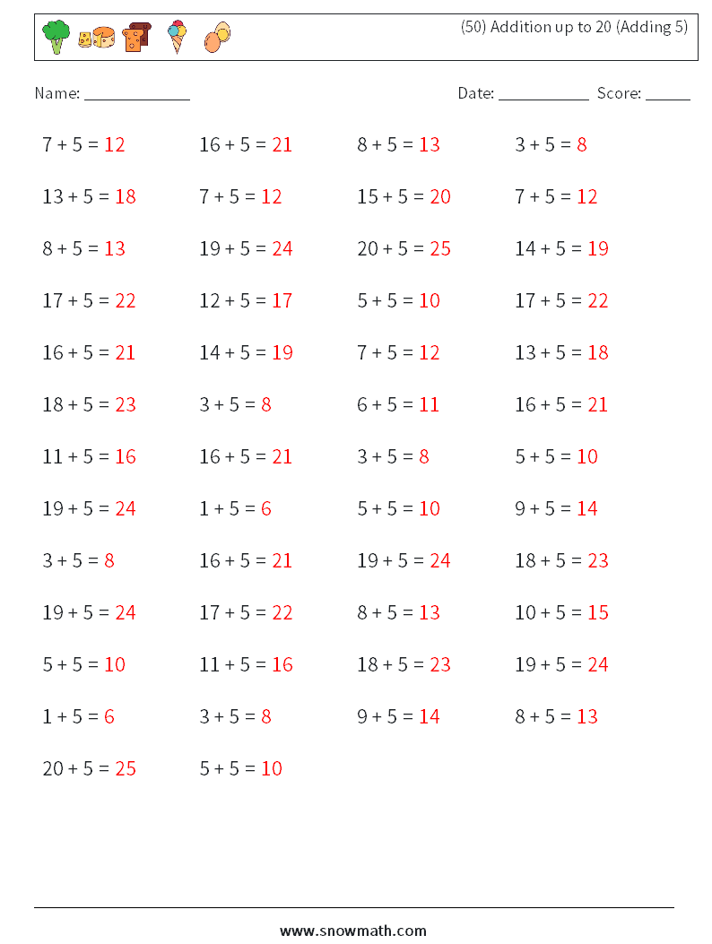 (50) Addition up to 20 (Adding 5) Math Worksheets 2 Question, Answer